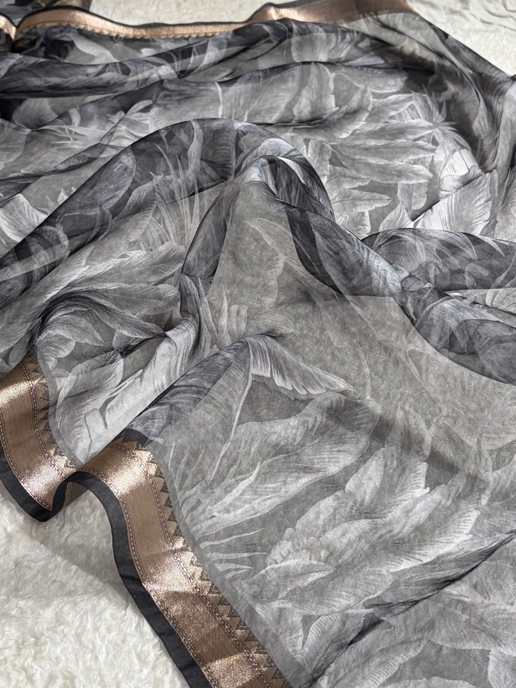 Black Organza with Pastel Multicolor Florals & Gold Zari Border POP12