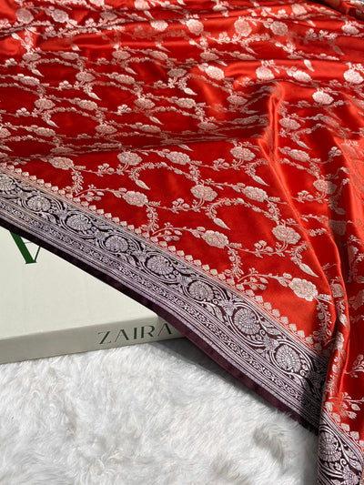 Contrast Orange With Garnet Shades Floral Jaal Pattern Mashru Silk Saree MCS76