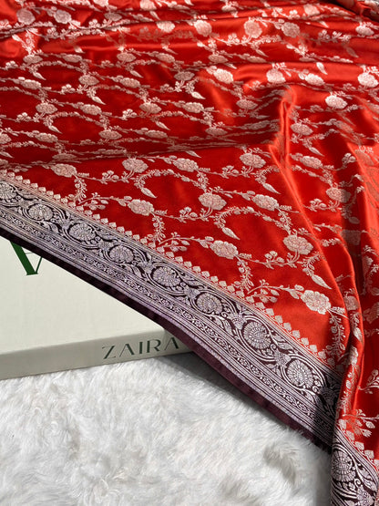 Contrast Orange With Garnet Shades Floral Jaal Pattern Mashru Silk Saree MS76