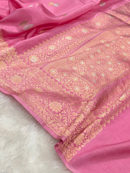 Banarasi Baby Pink Shades Boota Handwoven Pure Katan Paper Silk RM-76