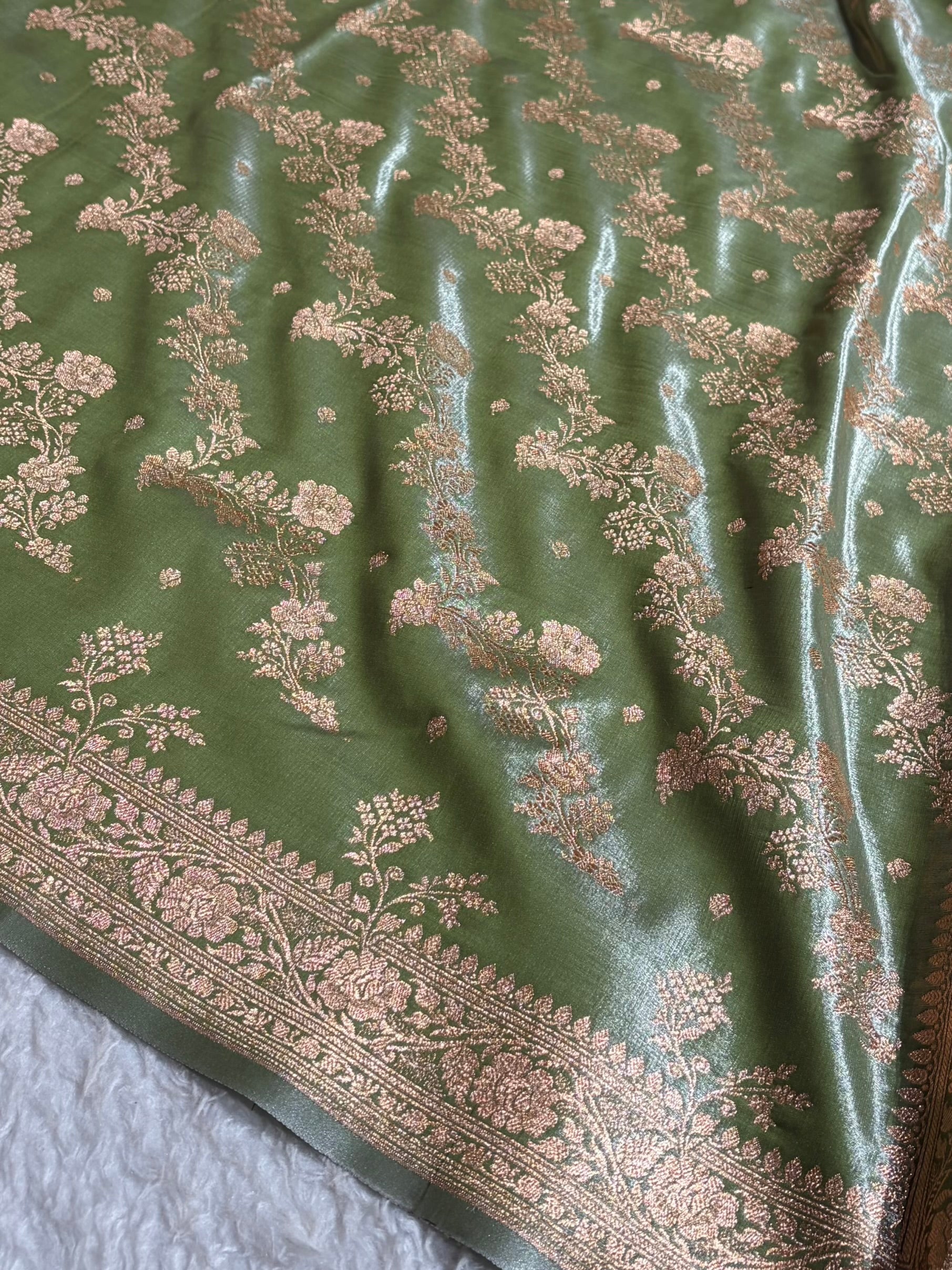 Satin Silk Saree Banarasi Cross with booti In Pista Shades SS22