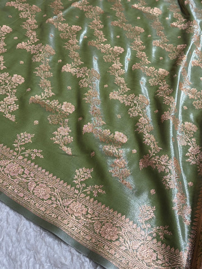 Satin Silk Saree Banarasi Cross with booti In Pista Shades SS22