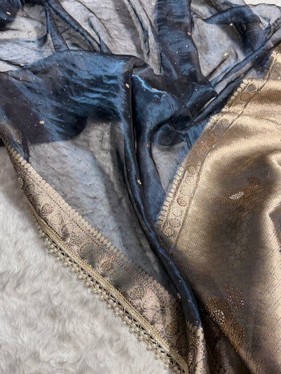 Black Navy Shades Pure Tissue Silk With Banarasi Swarovski Work Saree with Brocade Blouse BPGPT-09