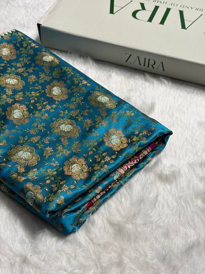 Firozi  - Rani Contrast Jamawar Tanchoi Jaal Katan Silk Saree SKTM-21