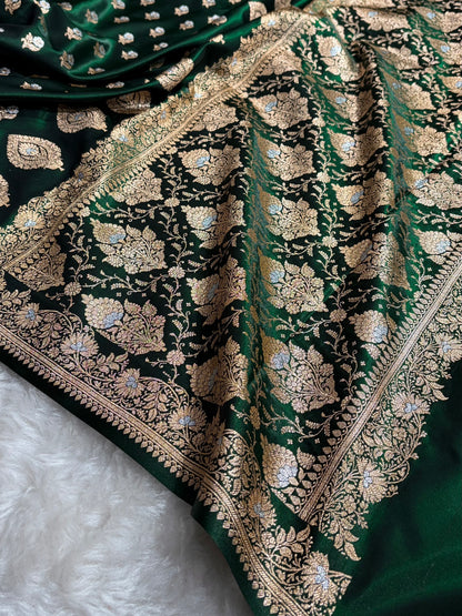 Banarasi Satin Silk Meena Boota in Bottle Green Shades SS38