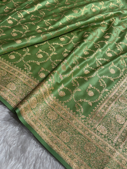 Pista Green Shades Floral Jaal Pattern Satin Katan Silk saree SK55