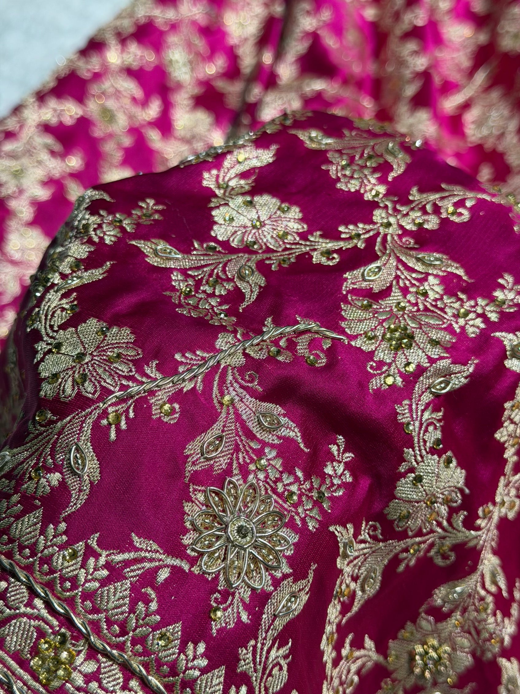 Pure Handloom Bridal Rani Katan Silk Banarasi Saree with Zardozy, Ari and Stone work PBSK01