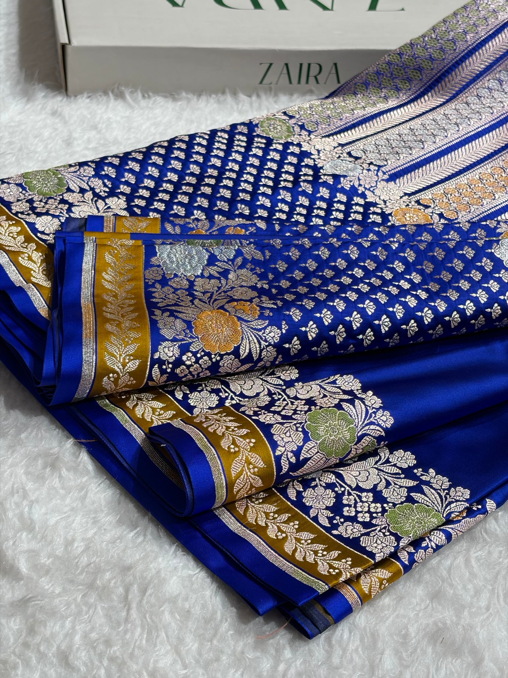 Royal Blue Banarasi Shades Floral Minakari Skirt Border Mashru Silk Saree MSM-83