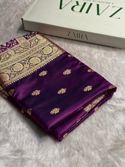 Dark Magneta Floral Boota Pattern Satin Katan Silk Saree SK71
