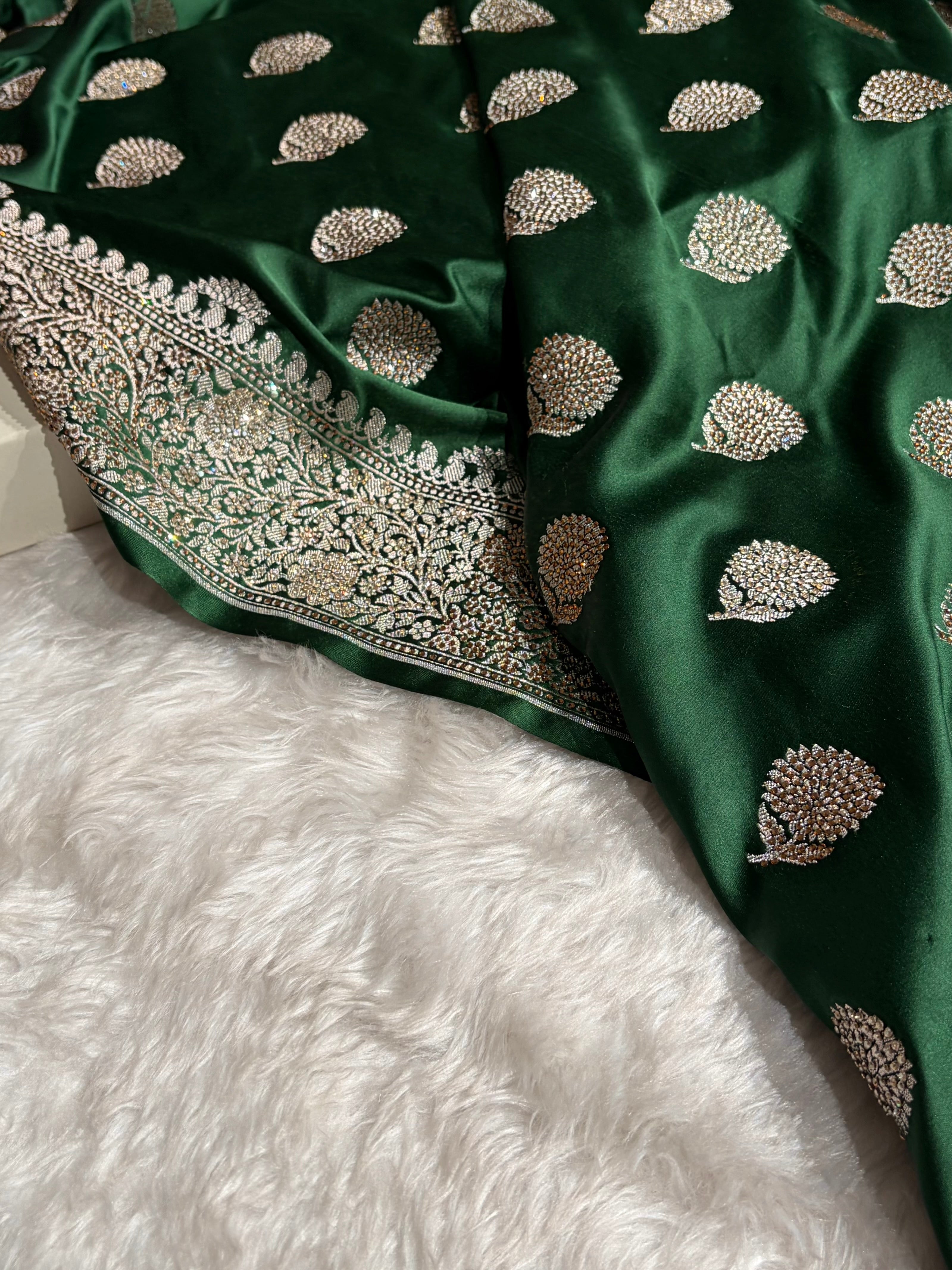 Bottle Green Tree Boota With Swarovski Work Mashru Silk Saree BMS19