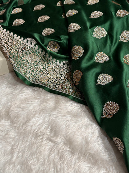 Bottle Green Tree Boota With Swarovski Work Mashru Silk Saree BMS19