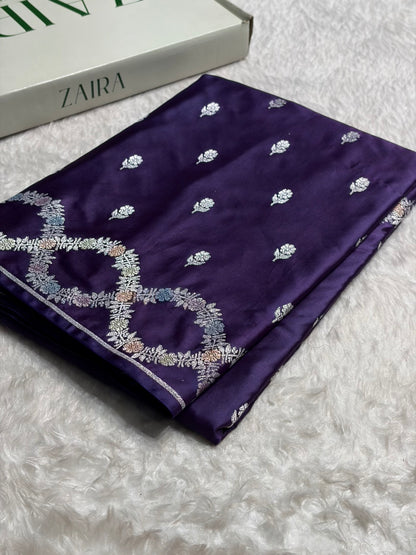Purple Shades Banarasi Minakari Scallop Floral Booti Mashru Silk Saree MS46