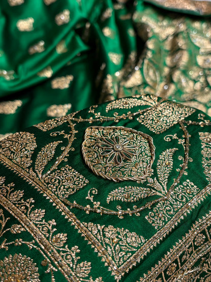 Banarasi Satin Katan Saree With Aari Zardozi Work Boota in Bottle Green Shades BSK98