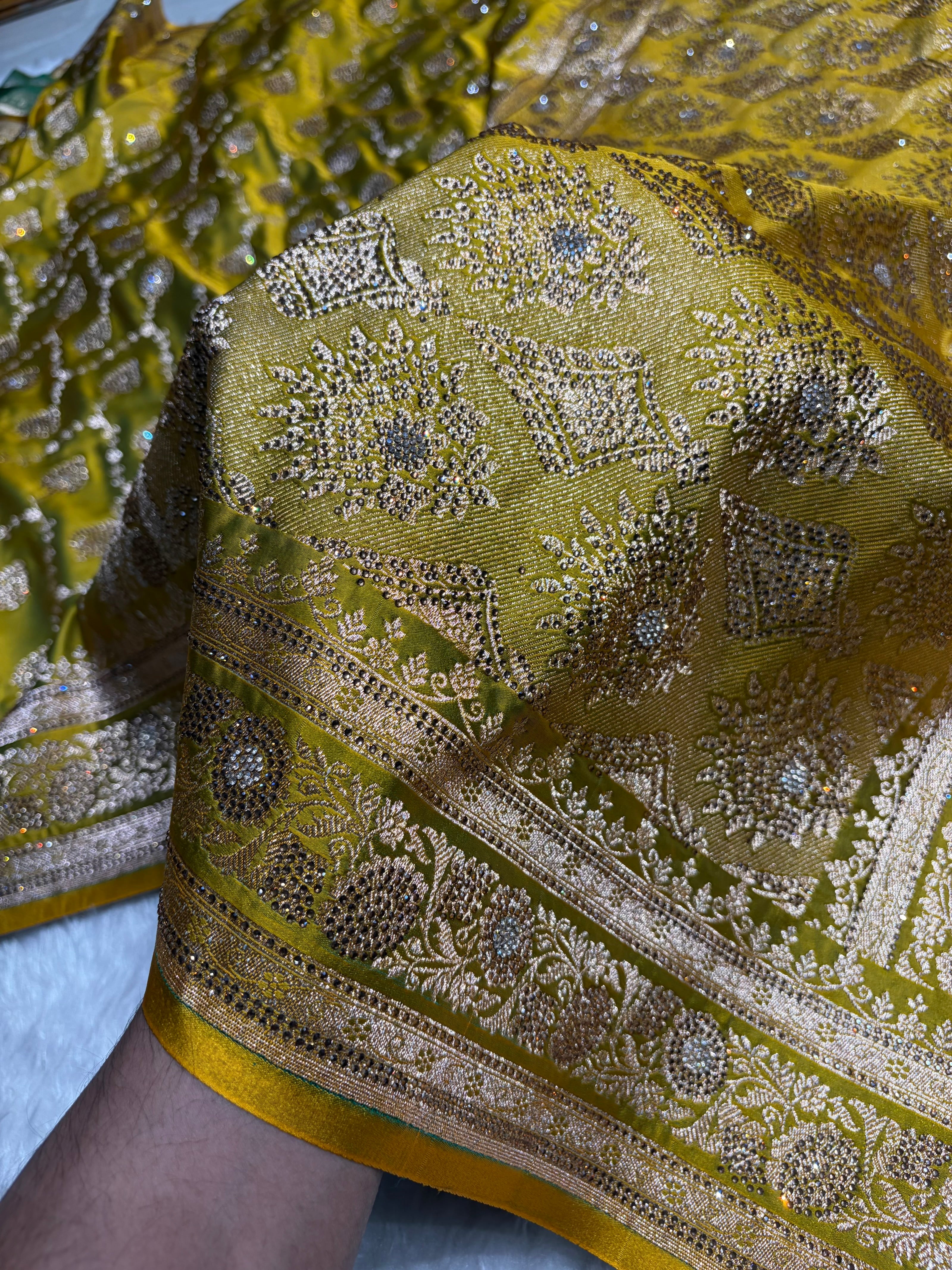 Mehandi Green Floral Jaal Pattern with Sewarovsi Work Satin Katan Silk saree BSK42