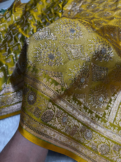 Mehandi Green Floral Jaal Pattern with Sewarovsi Work Satin Katan Silk saree BSK42