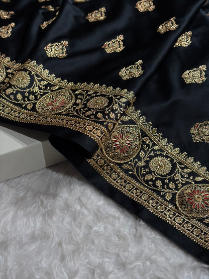 Banarasi Satin Katan Saree With Aari Zardozi Work Boota in Black Shades BSK98