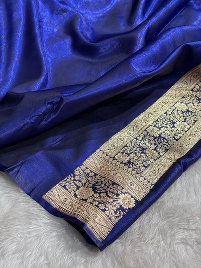 Royal Blue Shades Jaal Pattern Banarasi Satin Silk Saree SS43