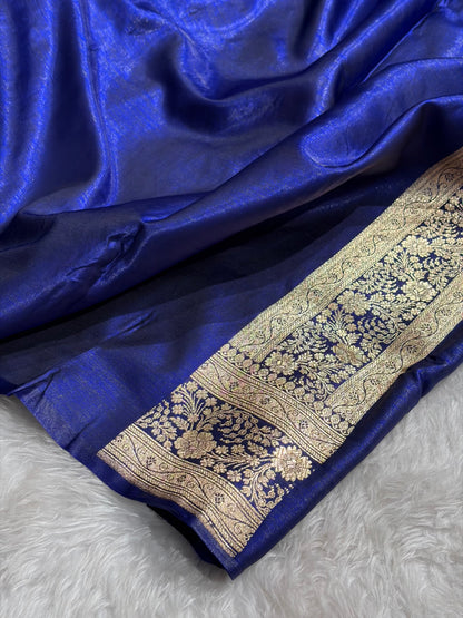 Royal Blue Shades Jaal Pattern Banarasi Satin Silk Saree SS43