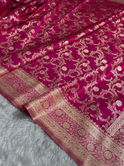 Pink Contrast Shades Jaal Pattern Banarasi Satin Silk Saree SS47