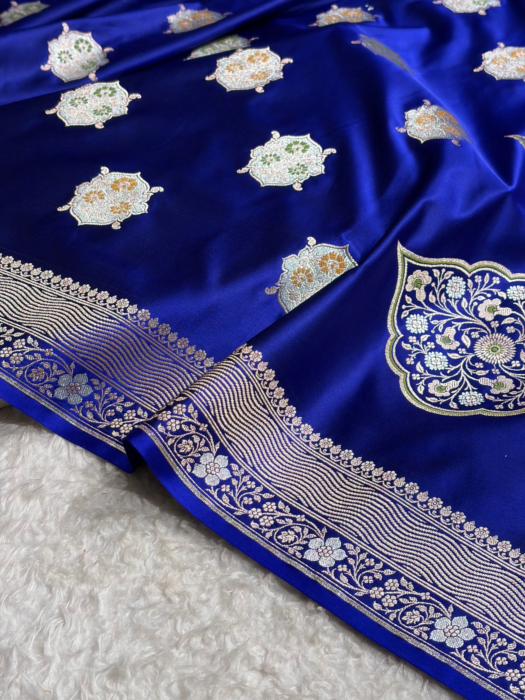 Premium Banarasi Satin Katan Saree Minakari Booti Pattern in Royal Blue Shades SK138