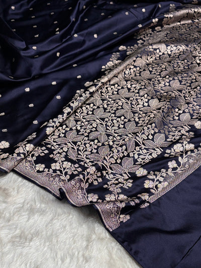 Navy Blue Shades Floral Border Booti Mashru Silk Saree MCS75
