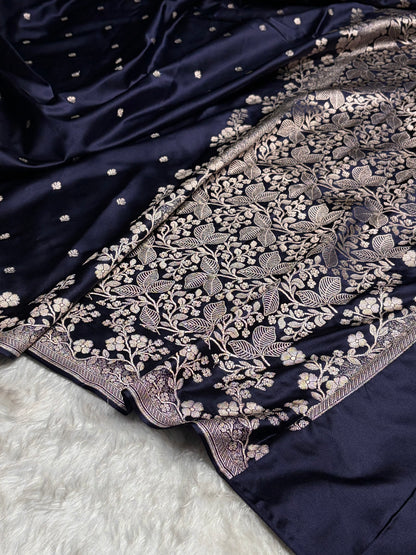 Navy Blue Shades Floral Border Booti Mashru Silk Saree MS75