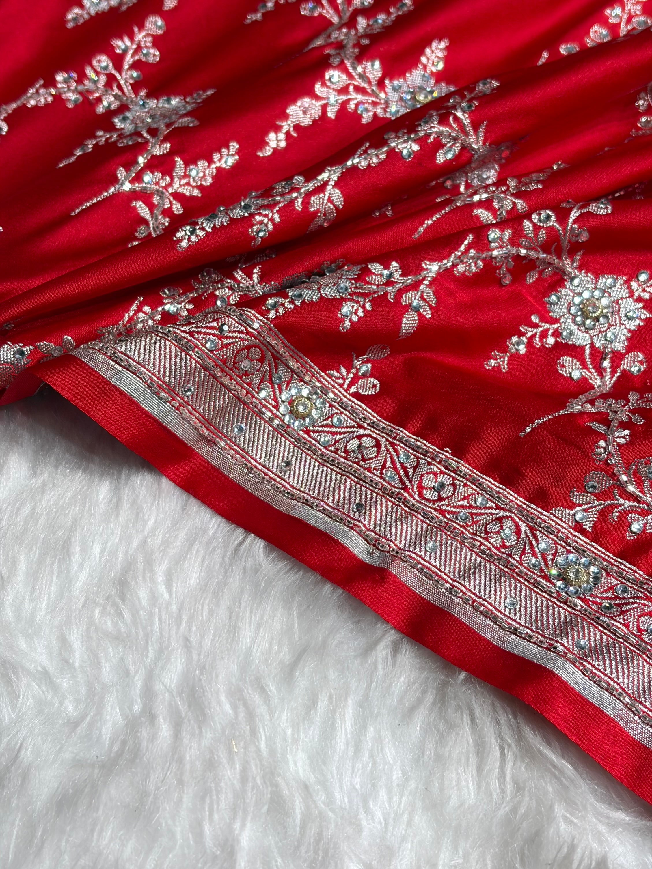 Red Bananasi Jaal Mashru Silk Saree with Swarovski Work BMS08