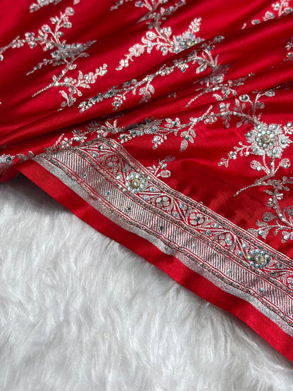 Red Bananasi Jaal Mashru Silk Saree with Swarovski Work BMS08