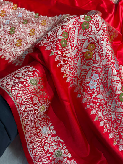 Red Shades Banarasi Minakari Boota Skirt Pattern Floral Mashru Silk Saree MSM-116