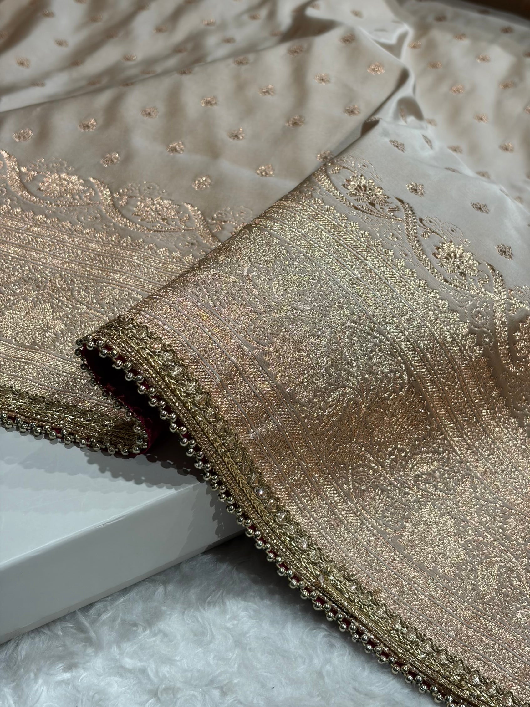 Banarasi Satin Katan Silk Saree In Beige Shades with gotta Patti SKGP08