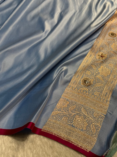 Banarasi Satin Katan Silk Saree With Ari Zardozi And Swarovski Work In Pastel Firozy Shades BSK08