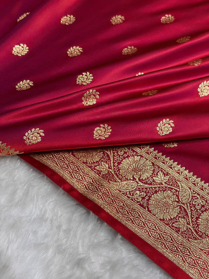 Magentic Red Floral Boota Pattern Satin Katan Silk Saree SK72
