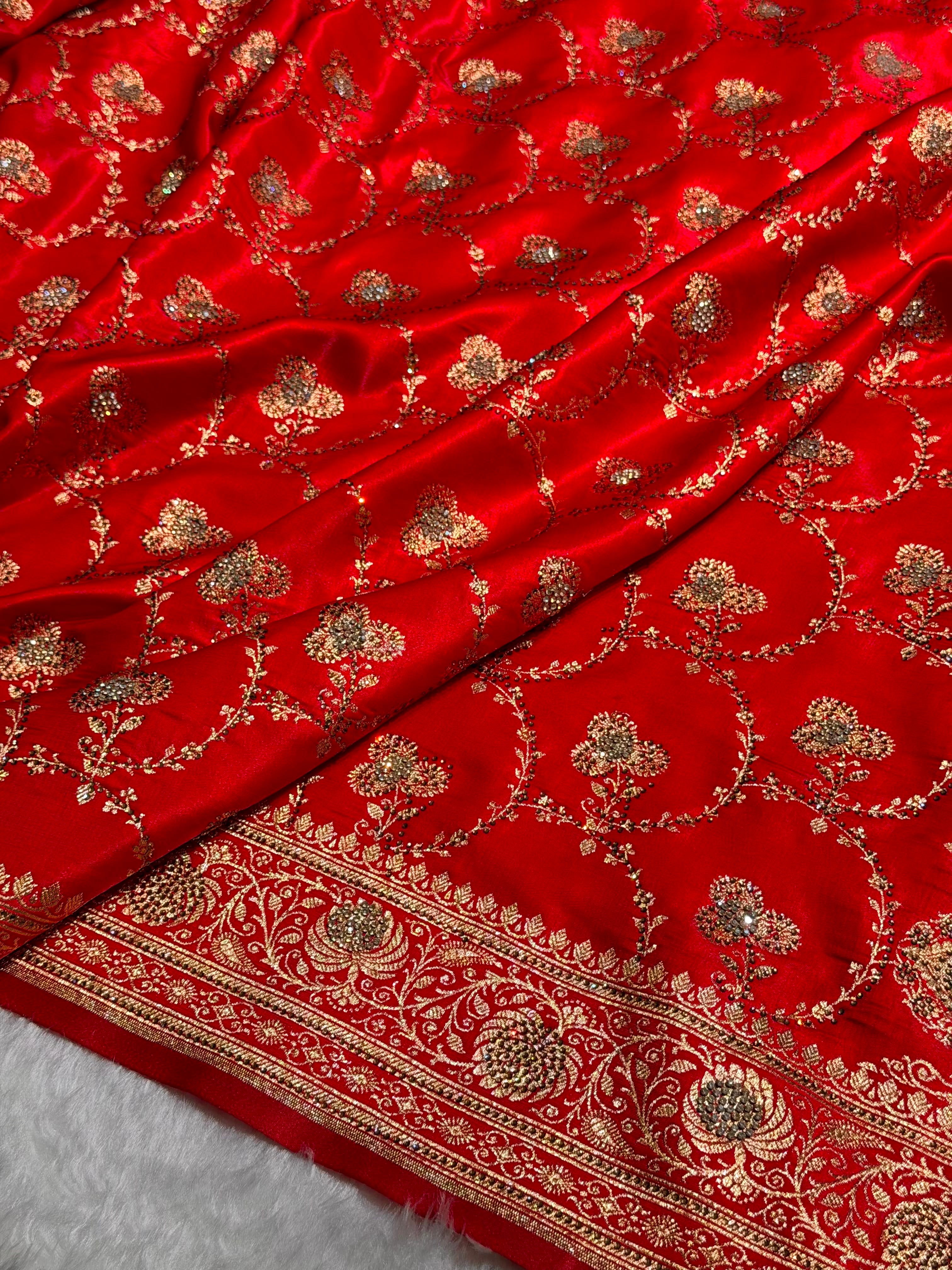 Satin Silk Saree Banarasi Swarovski Work Jaal in Red Shades BSS23 (R)