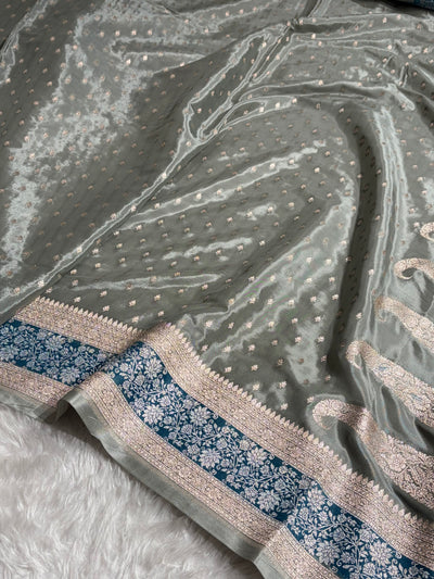Grey Shades With Contrast Border Crepe Silky Katan Banarasi Saree CSK-06