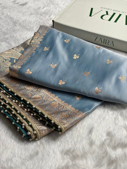 Sky Blue Booti Katan Silk With Gotta Patti Saree SKGP09