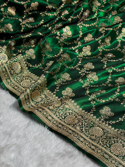 Satin Silk Saree Banarasi Swarovski Work Jaal in Bottle Green Shades BSS23 (R)