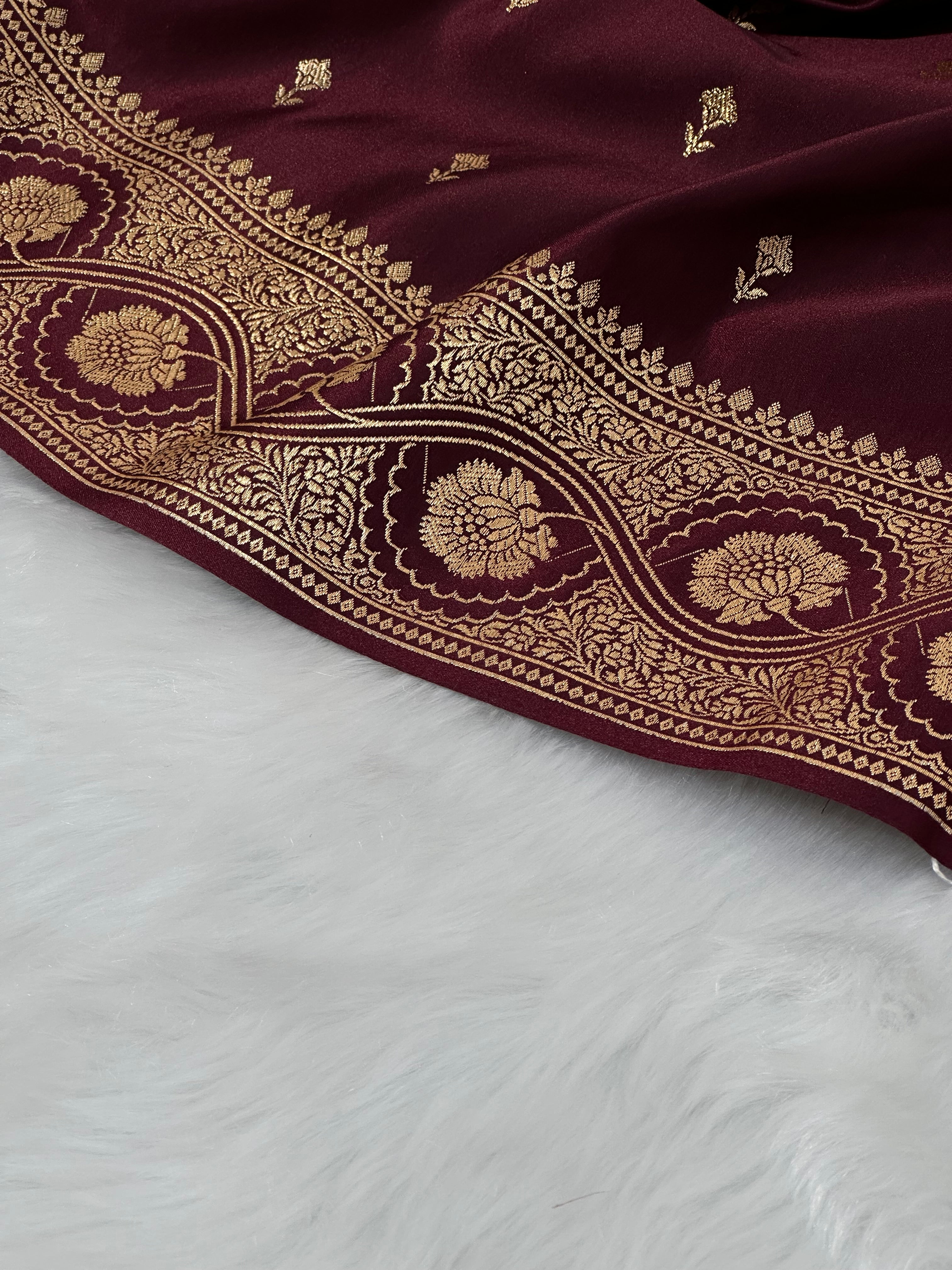 Cross Garnet shades Booti Pattern Satin Katan Silk Saree SK54