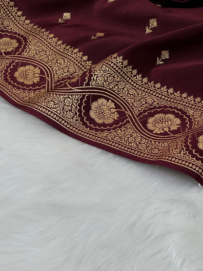 Cross Garnet shades Booti Pattern Satin Katan Silk Saree SK54