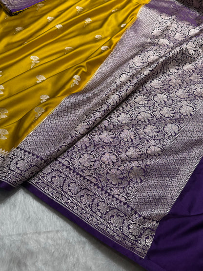 Contrast Mustard With Dark Purple Shades Minakari Boota Mashru Silk Saree
