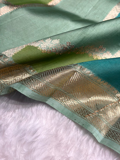 Banarasi Pista Green Rangkat Shades Handwoven Pure Paper Silk  RM-67
