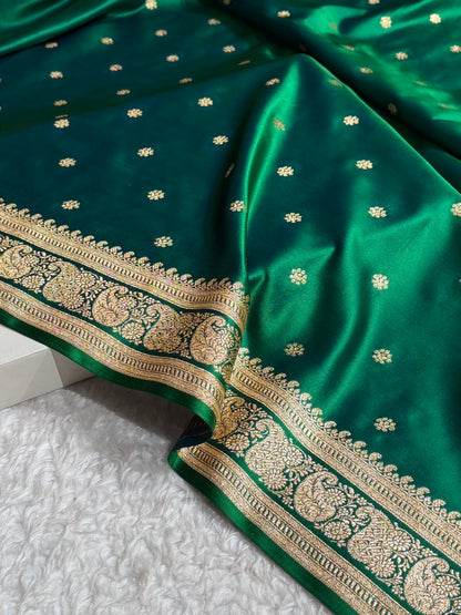 Banarasi Satin Katan Saree With Boota Pattern in Cross Green Shades SK127