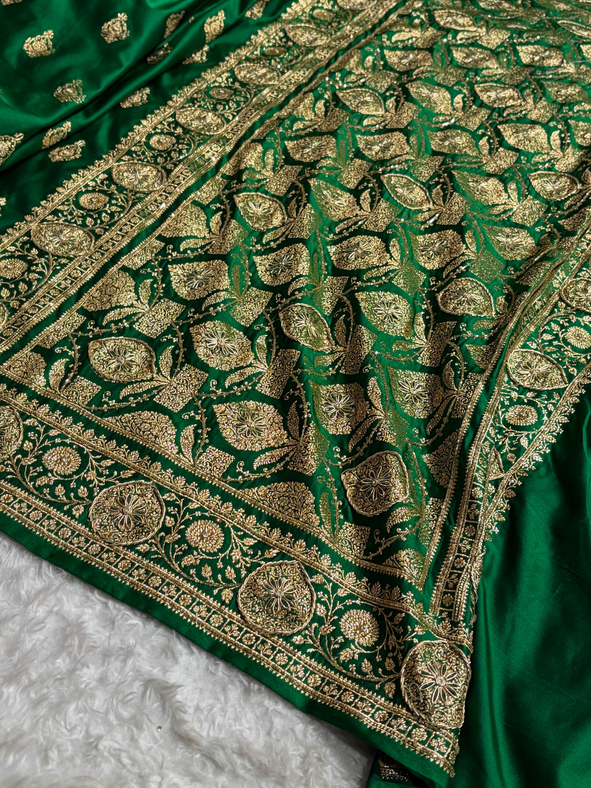 Banarasi Satin Katan Saree With Aari Zardozi Work Boota in Bottle Green Shades BSK98