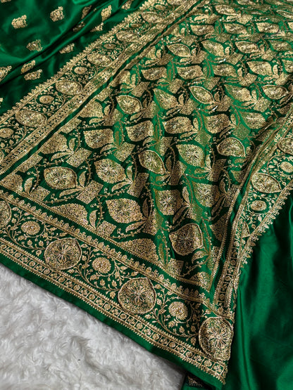Banarasi Satin Katan Saree With Aari Zardozi Work Boota in Bottle Green Shades BSK98