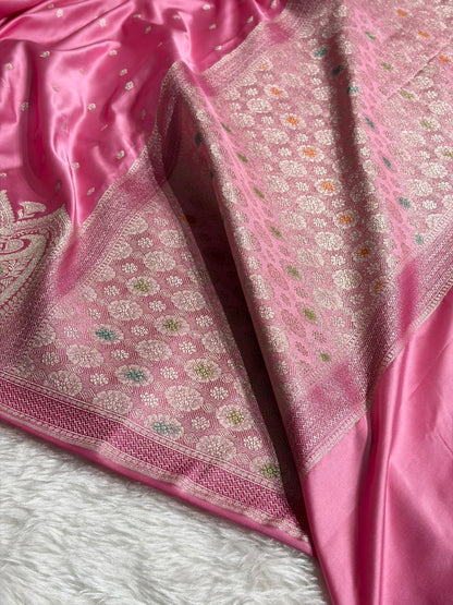Banarasi Skirt Border Pattern in Baby Pink Shades Floral Mashru Silk Saree MCS95