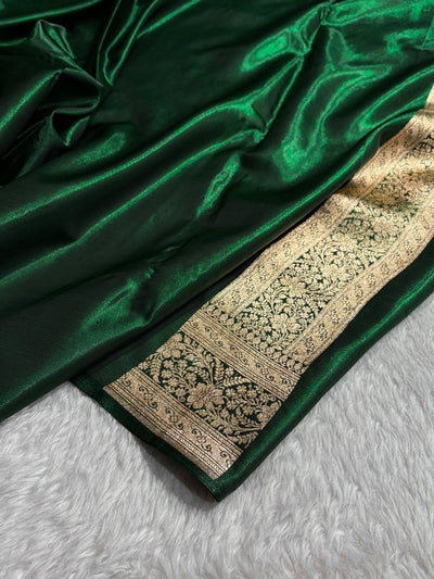 Bottle Green Shades Cross Pattern Banarasi Satin Silk Saree SS50