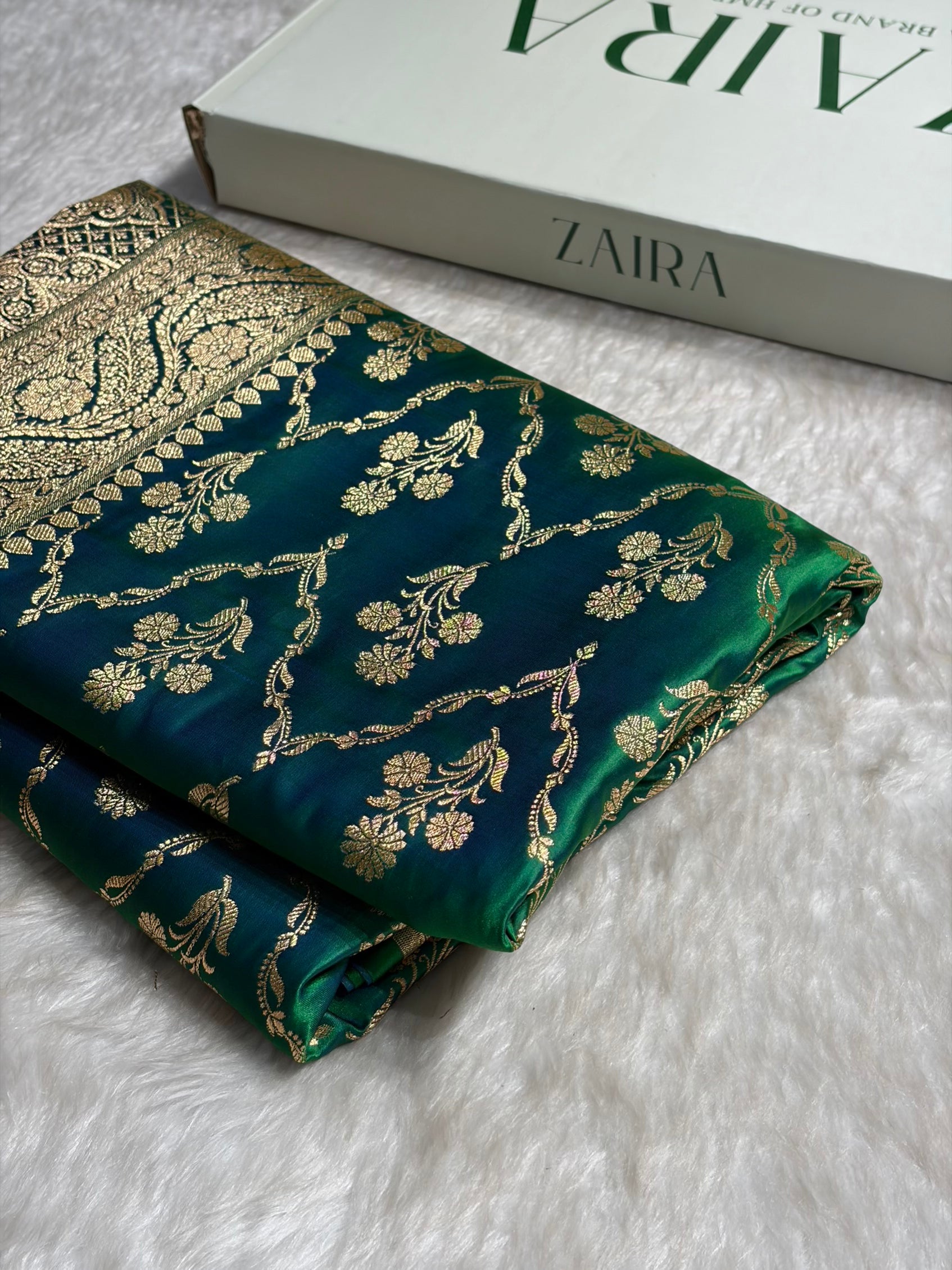 Green Cross with Boota Pattern Satin Katan Silk Saree SK67