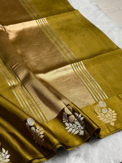 Dark Mustard Shade Handwoven Kaduwa Pure Katan Raw Mango Silk RM-05