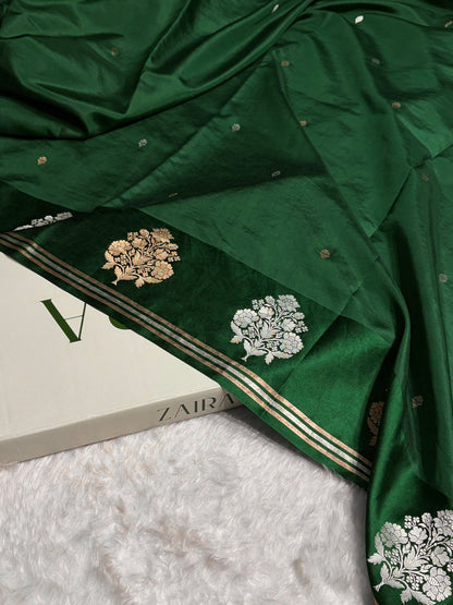 Bottle Green Shade Handwoven Kaduwa Pure Katan Raw Mango Silk RM-01