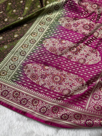 Mehandi - Rani Contrast Jamawar Tanchoi Jaal Katan Silk Saree SKTM-17