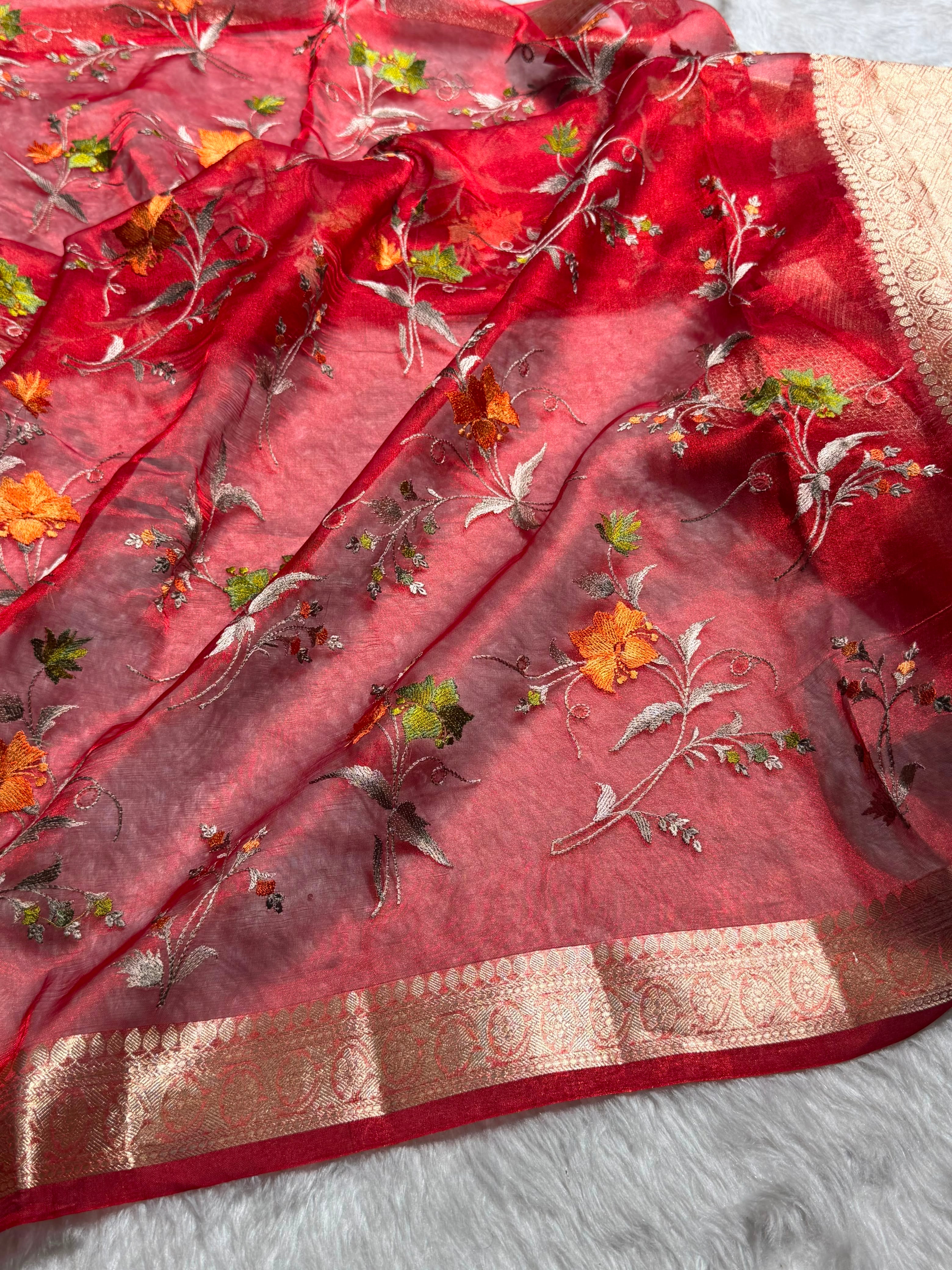 Maroon Shades With Floral Embroidered Pure Tissue Silk Saree with Brocade Blouse PTE-09